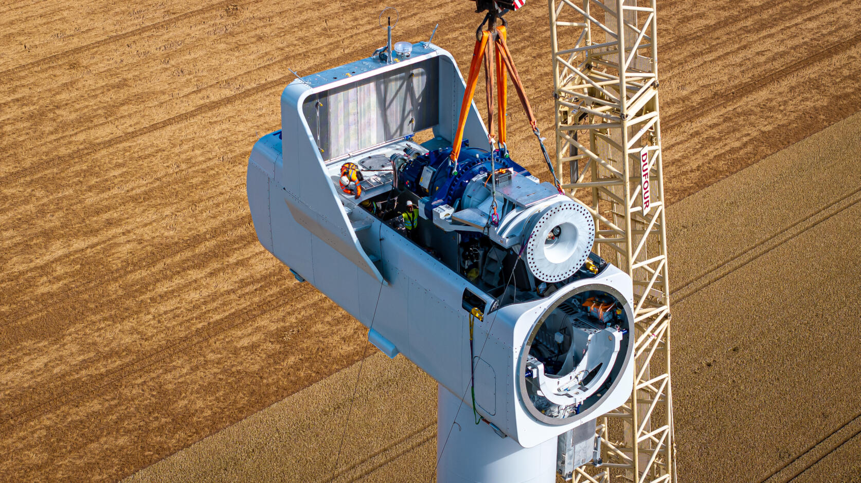 Cheniers wind farm - Installing the gearbox in the nacelle ©Drone Agile